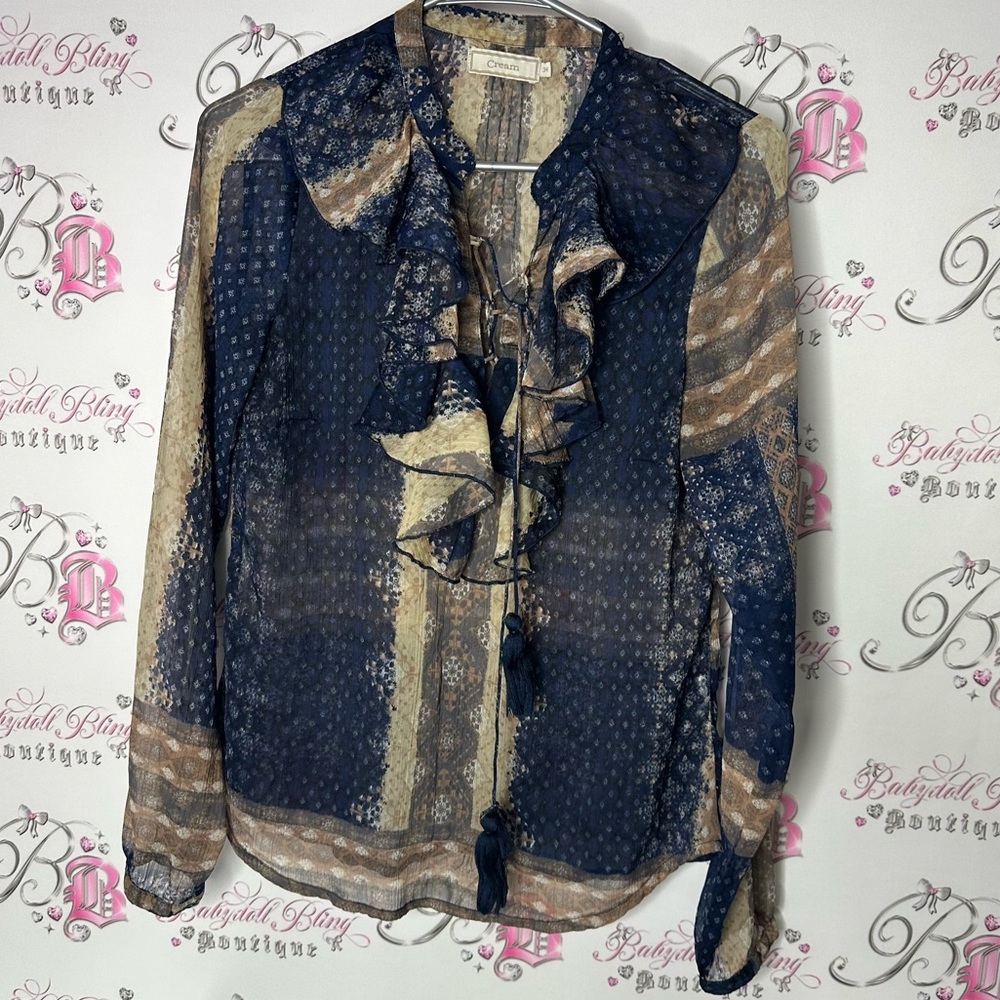 Cream top ruffle frill tassle light weight boho Navy and Beige Ruffle Blouse